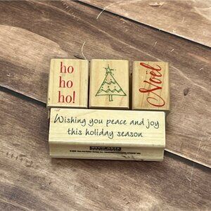 LOT OF 4 HERO ARTS HOLIDAY THEMED WOOD MOUNTED RUBBER STAMPS HO HO HO NOEL